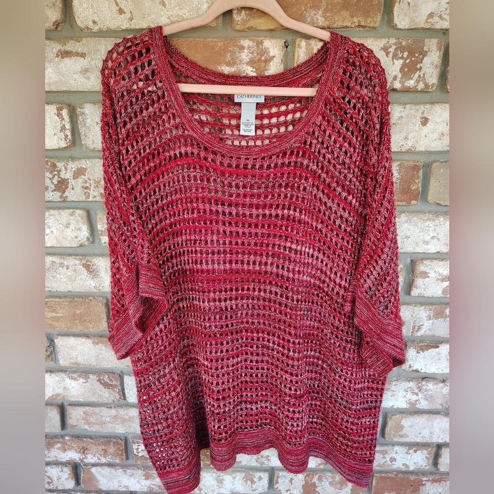 Catherines Red Sparkle Open Knit Pullover Sweater Top Sz 3X Boho Holiday Party